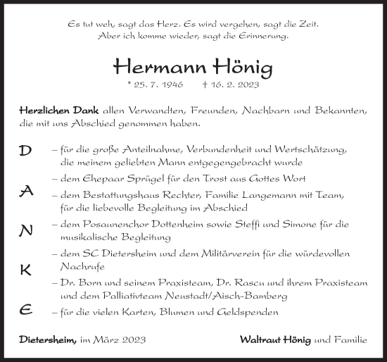 Traueranzeige von Hermann Hönig von Neustadt/ Scheinfeld/ Uffenheim