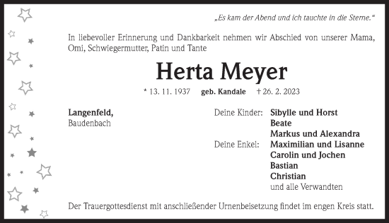 Traueranzeige von Herta Meyer von Neustadt/ Scheinfeld/ Uffenheim