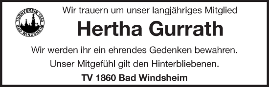 Traueranzeige von Hertha Gurrath von Neustadt/ Scheinfeld/ Uffenheim