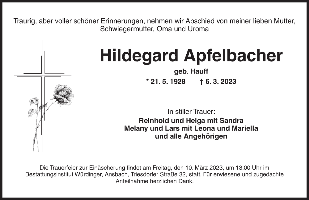  Traueranzeige für Hildegard Apfelbacher vom 08.03.2023 aus Ansbach