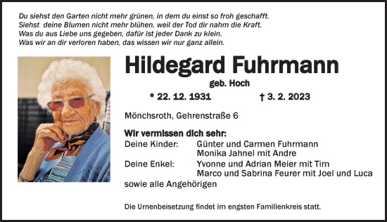 Traueranzeige von Hildegard Fuhrmann von Dinkelsbühl/ Feuchtwangen