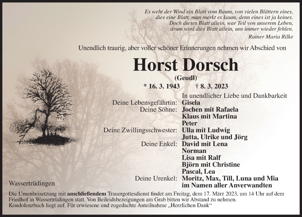  Traueranzeige für Horst Dorsch vom 15.03.2023 aus Dinkelsbühl/ Feuchtwangen