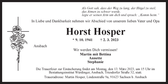 Traueranzeige von Horst Hosper von Ansbach