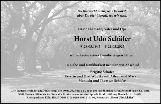 Traueranzeige von Horst Udo Schäfer von Rothenburg