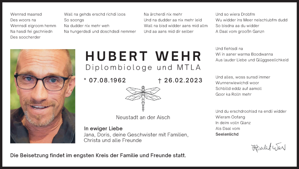  Traueranzeige für Hubert Wehr vom 11.03.2023 aus Neustadt/ Scheinfeld/ Uffenheim