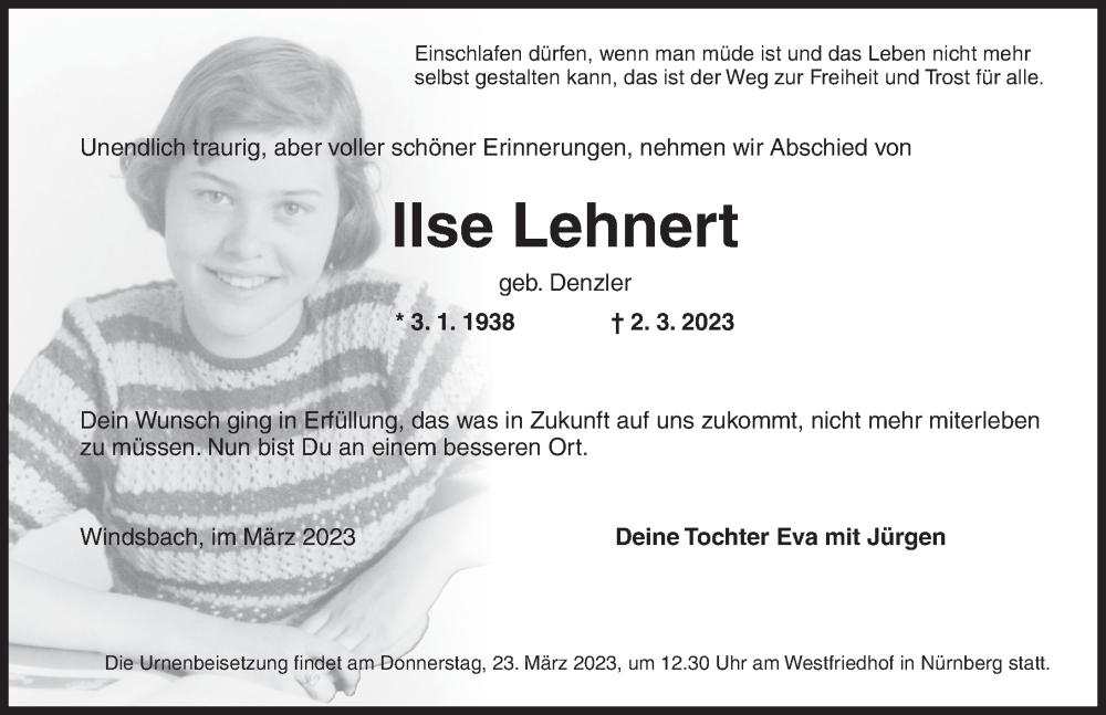  Traueranzeige für Ilse Lehnert vom 18.03.2023 aus Ansbach