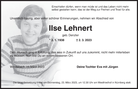 Traueranzeige von Ilse Lehnert von Ansbach