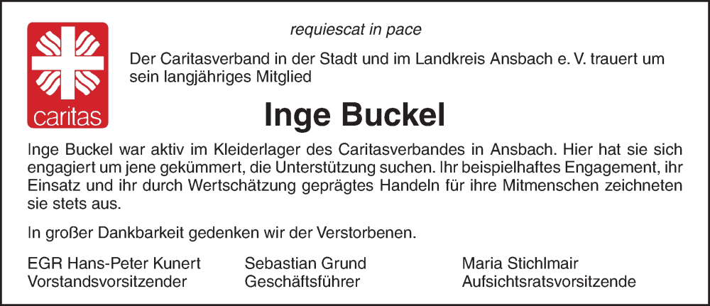  Traueranzeige für Inge Buckel vom 18.03.2023 aus Ansbach
