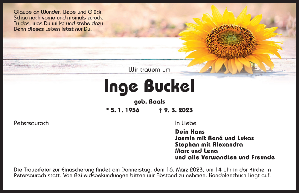  Traueranzeige für Inge Buckel vom 14.03.2023 aus Ansbach