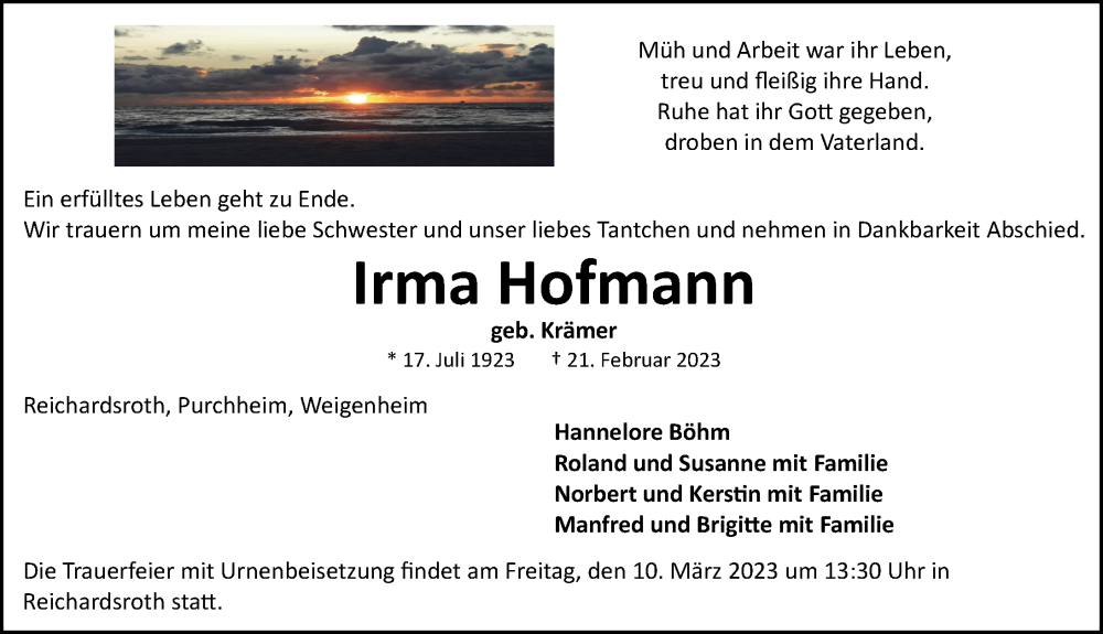  Traueranzeige für Irma Hofmann vom 08.03.2023 aus Neustadt/ Scheinfeld/ Uffenheim