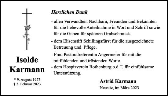 Traueranzeige von Isolde Karmann von Rothenburg