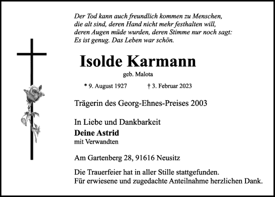 Traueranzeige von Isolde Karmann von Rothenburg
