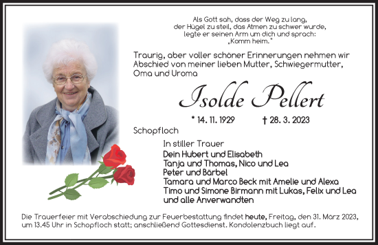 Traueranzeige von Isolde Pellert von Dinkelsbühl/ Feuchtwangen