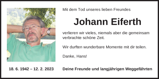 Traueranzeige von Johann Eiferth von GE