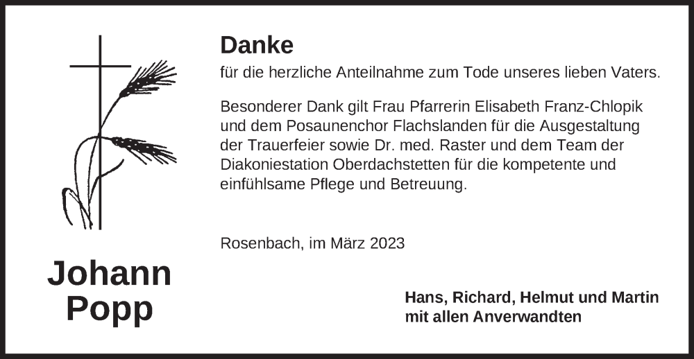  Traueranzeige für Johann Popp vom 11.03.2023 aus Ansbach