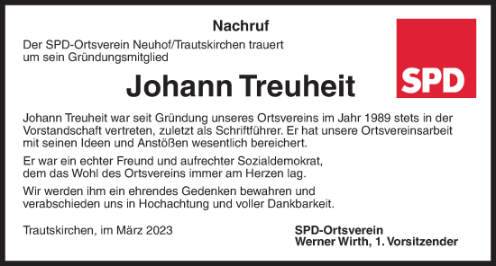 Traueranzeige von Johann Treuheit von Neustadt/ Scheinfeld/ Uffenheim