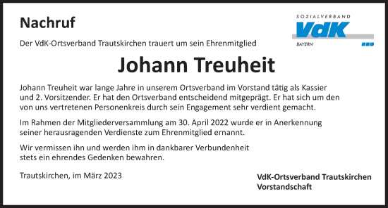 Traueranzeige von Johann Treuheit von Neustadt/ Scheinfeld/ Uffenheim