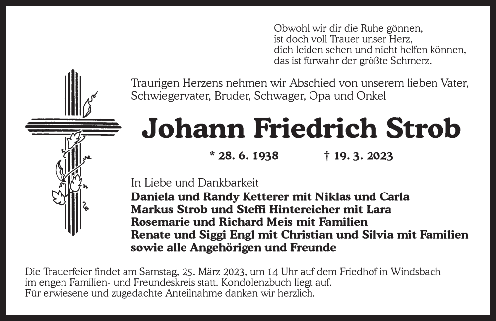  Traueranzeige für Johann Friedrich Strob vom 22.03.2023 aus Ansbach