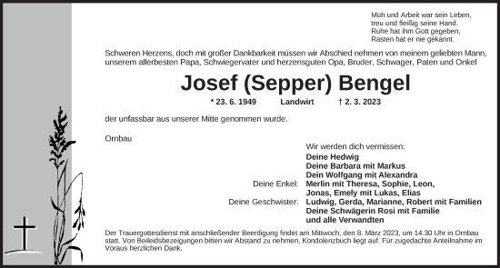 Traueranzeige von Josef Bengel von Ansbach