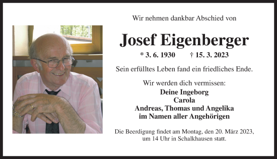 Traueranzeige von Josef Eigenberger von Ansbach