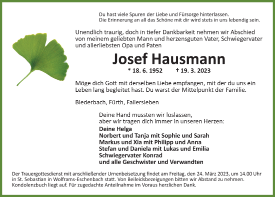 Traueranzeige von Josef Hausmann von Ansbach