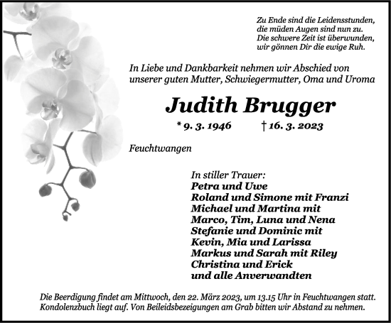 Traueranzeige von Judith Brugger von Dinkelsbühl/ Feuchtwangen