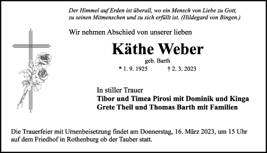 Traueranzeige von Käthe Weber von Rothenburg