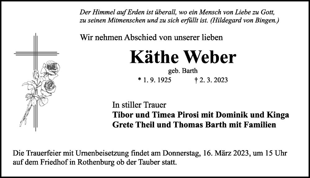  Traueranzeige für Käthe Weber vom 11.03.2023 aus Rothenburg