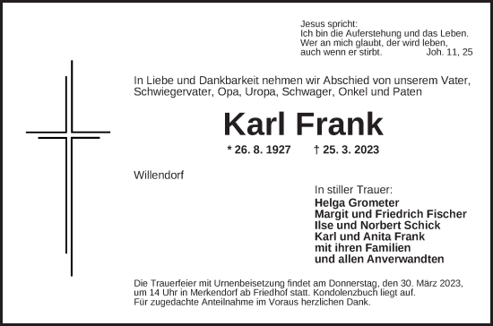 Traueranzeige von Karl Frank von Ansbach