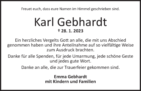 Traueranzeige von Karl Gebhardt von Dinkelsbühl/ Feuchtwangen