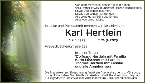 Traueranzeige von Karl Hertlein von Ansbach