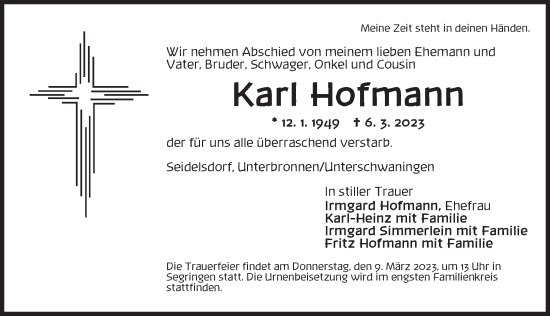 Traueranzeige von Karl Hofmann von Dinkelsbühl/ Feuchtwangen