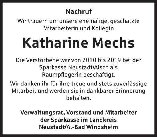 Traueranzeige von Katharine Mechs von Neustadt/ Scheinfeld/ Uffenheim