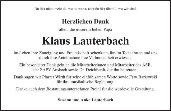 Traueranzeige von Klaus Lauterbach von Neustadt/ Scheinfeld/ Uffenheim