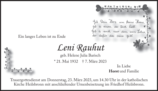 Traueranzeige von Leni Rauhut von Ansbach