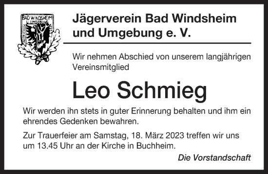 Traueranzeige von Leo Schmieg von Neustadt/ Scheinfeld/ Uffenheim