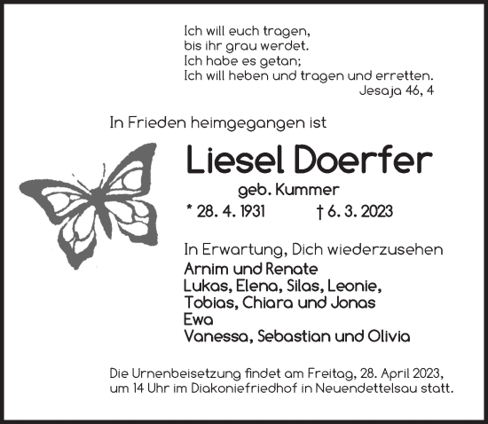 Traueranzeige von Liesel Doerfer von Ansbach