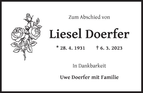 Traueranzeige von Liesel Doerfer von Ansbach