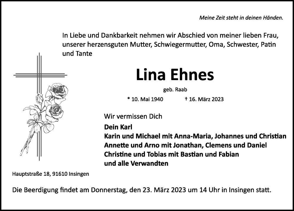  Traueranzeige für Lina Ehnes vom 21.03.2023 aus Rothenburg