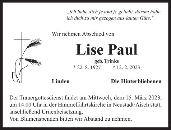 Traueranzeige von Lise Paul von Neustadt/ Scheinfeld/ Uffenheim