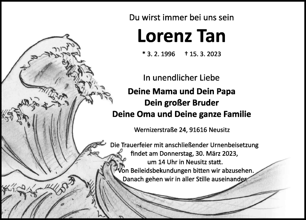  Traueranzeige für Lorenz Tan vom 25.03.2023 aus Rothenburg