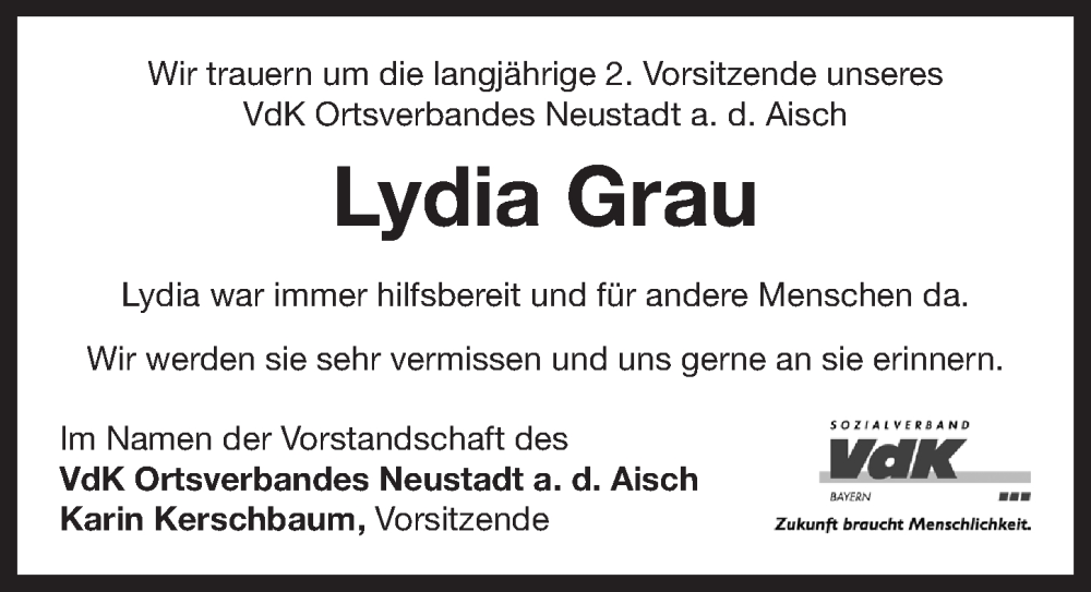 Traueranzeige für Lydia Grau vom 22.03.2023 aus Neustadt/ Scheinfeld/ Uffenheim
