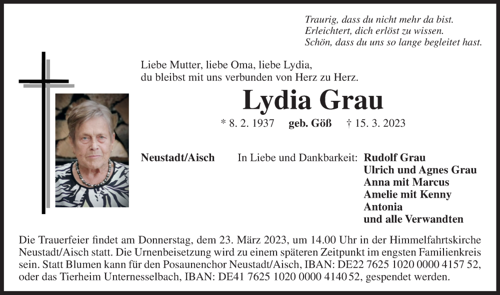  Traueranzeige für Lydia Grau vom 20.03.2023 aus Neustadt/ Scheinfeld/ Uffenheim