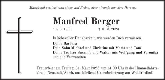 Traueranzeige von Manfred Berger von Neustadt/ Scheinfeld/ Uffenheim