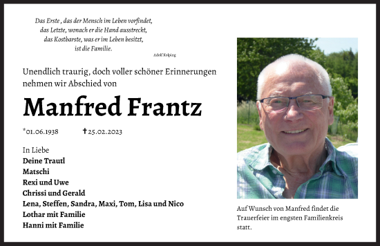 Traueranzeige von Manfred Frantz von Neustadt/ Scheinfeld/ Uffenheim