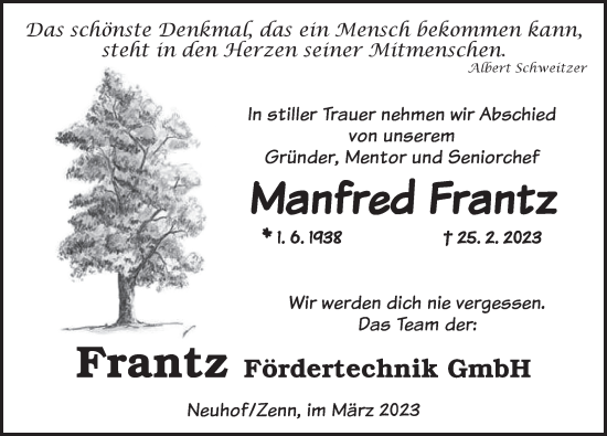 Traueranzeige von Manfred Frantz von GE