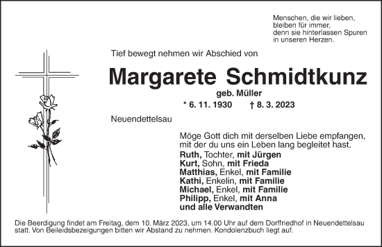 Traueranzeige von Margarete Schmidtkunz von Ansbach