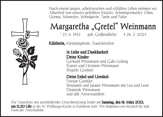 Traueranzeige von Margaretha Weinmann von Neustadt/ Scheinfeld/ Uffenheim