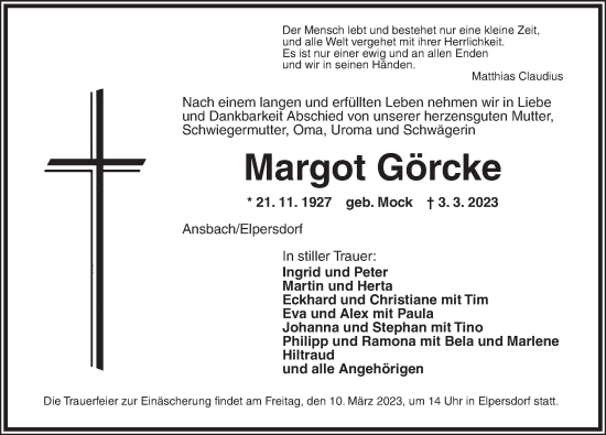 Traueranzeige von Margot Görcke von Ansbach
