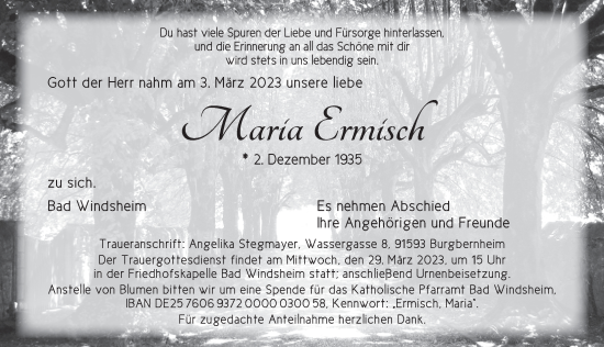 Traueranzeige von Maria Ermisch von Neustadt/ Scheinfeld/ Uffenheim